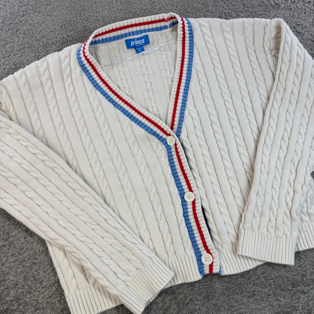Prince Pickleball Womens XL Cable Knit‎ Cardigan Sweater Cream Red Blue Cotton